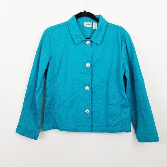 Chico's Jacket Long Sleeve Button Up Embroidered Floral Blue Chico's Size 1 - Picture 1 of 8
